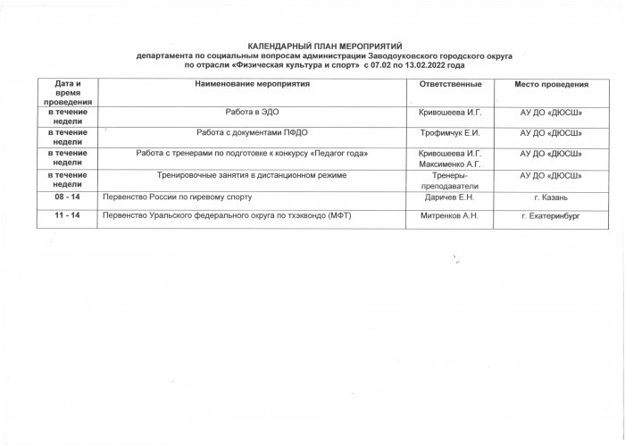 Календарный план мероприятий с 07.02.-.13.02.2022