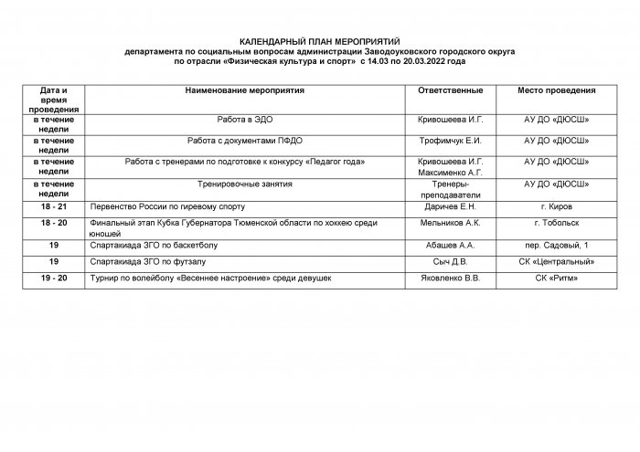 Календарный план мероприятий с 14.03 по 20.03.2022г.